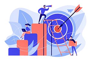 Businessman on top looking into telescope and employees. Business opportunity, bizopp and franchising, distribution concept on white background. Pink coral blue vector isolated illustration